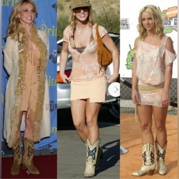 Vintage Miss Capezio Beige Blue Butterfly Leather Cowboy Boots Britney Spears